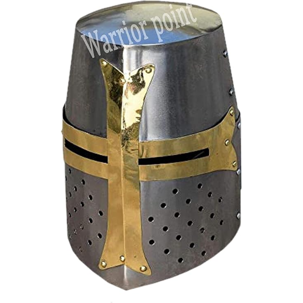 Warrior Point New Medieval Silver and Brass Design Crusader Iron Helmet
